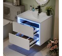 Meuble sous-lavabo blanc avec éclairage LED | Armoire de salle de bain murale et 2 tiroirs | Meuble de salle de bain suspendu entièrement laqué | Lavabo avec bac | 60 x 50 cm pour petites salles de