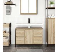 Meuble sous lavabo de 90 cm, chêne Sonoma, en bois avec 4 tiroirs et compartiment fermé, plateau de table stable (20 kg), pieds réglables, montage de porte flexible - Meuble de salle de bain pour