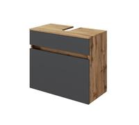Meuble sous lavabo élégant Luna avec décor en chêne équipé d'un tiroir gris. Peut être fixé au mur ou installé au sol.