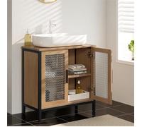 Meuble sous Lavabo, Meuble de Salle de Bain Vasque, Porte en Treillis Métallique, 60x30x60cm, Chêne Clair+Noir E0IG1016