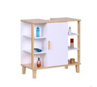 Meuble sous lavabo Relaxdays, 6 étagères, H x L x P : 65 x 64 x 31 cm, Bambou et MDF, Blanc/Nature