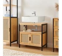 [en.casa] Meuble sous Lavabo Design Intemporel avec 2 Portes Armoire Basse avec Espace de Rangement pour Salle de Bain MDF Bambou Plastique 60 x 60 x 35 cm Noir Naturel Aspect Rotin