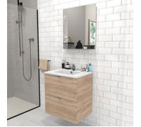 Meuble sous-vasque 2 tiroirs MALAGA 60 cm + vasque / Décor Chêne blanchi