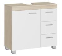 Meuble Sous Vasque, 3 Tiroirs Latéraux, 2 Cases derrière la Porte, pour Lavabos sur Colonne, 30 x 70 x 64 cm, Blanc et Beige