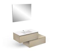 Meuble sous Vasque avec Miroir Et Rangement, 2 Tiroirs en Bois Eco-Responsable - Gamme STRIKT Minimaliste - Coloris Chêne Clair - 45,5 x 26,7 x 81,3 cm
