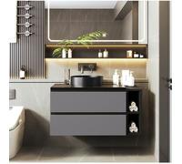 Meuble sous-vasque avec plan en marbre, vasque ronde en céramique et tiroirs, noir et gris