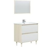 Meuble sous vasque en panneaux de particules mélaminés coloris chêne avec miroir - Longueur 80 x Profondeur 45 x Hauteur 80 cm -PEGANE- chêne
