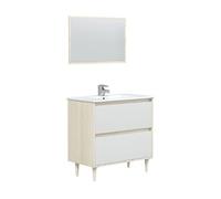 Meuble sous vasque en panneaux de particules mélaminés coloris chêne avec miroir - Longueur 80 x Profondeur 45 x Hauteur 80 cm -PEGANE- chêne
