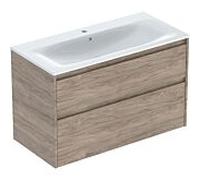 Meuble sous-vasque Geberit Renova Plan 504041JR1, largeur 100 cm, structure en bois mélaminé avec façade et caisson en noyer, vasque blanche.