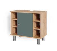 Vicco Meuble sous vasque simple "Fynn", Vert/Chêne doré 60 x 54 cm | 1 Porte · 7 compartiments · Rangement ouvert & fermé · Découpe pour siphon · Forme peu encombrante
