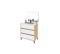 Meuble sous-vasque sur pieds à 3 tiroirs avec miroir (sans lavabo) coloris Blanc/Chêne - Longueur 80,5 x Hauteur 91 x Profondeur 45,5 cm- -