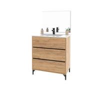 Meuble sous-vasque sur pieds à 3 tiroirs avec miroir (sans lavabo) coloris Chêne - Longueur 80,5 x Hauteur 91 x Profondeur 45,5 cm