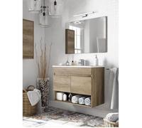 Meuble sous-vasque suspendu DMORA - Chêne imitation bois brut - 80 x 64 x 45 cm - Avec étagère et miroir