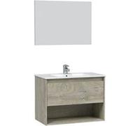 Meuble sous vasque suspendu en panneaux de particules mélaminés chêne avec miroir - Longueur 80 x Profondeur 45 x Hauteur 59 cm --