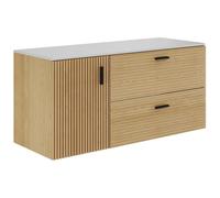 Meuble sous vasque suspendu strié avec planche - 1 porte et 2 tiroirs - Naturel clair - 120 cm - SARONE