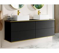 Meuble sous vasque suspendu strié liseré doré 4 tiroirs - Noir - 150 cm - KELIZA