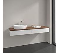 Meuble sous-vasque Villeroy et Boch Antao K15152GF 160x19x50cm, trou pour robinetterie, plan de toilette couleur noyer chaud, laqué blanc brillant