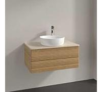 Meuble sous-vasque Villeroy et Boch Antao K19153HN 80x36x50cm, trou pour robinetterie, plan de toilette couleur Botticino, chêne miel