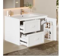 Meuble Suspendu Salle de Bain avec Vasque Intégrée Blanc Laqué 2 Tiroirs Silencieux LED Radar Automatique - 76x46x51 cm