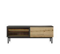 Meuble télé 2 portes LEDS intégré Chêne et Noir 150 cm - CAMILLE