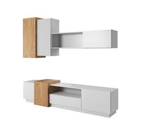 Meuble télé 220cm avec 1 tiroir et 2 armoires suspendues Blanc et Chêne - ALMOSA