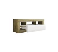 ARTURO - Meuble TV 1 Abattant Blanc Laqué Encadrement Niches Aspect Bois Cadiz -