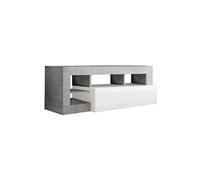 ARTURO - Meuble TV 1 Abattant Blanc Laqué Encadrement Niches Aspect Cimento -