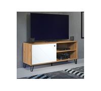 Meuble TV 1 porte 2 niches décor chêne et blanc mat - ARI