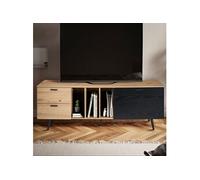 Meuble TV 1 porte 2 tiroirs 150x40x55 cm décor chêne et noir