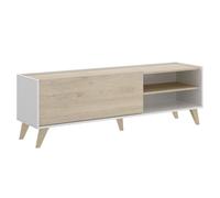 Meuble TV 1 porte coloris blanc-naturel - Longueur 155 x Hauteur 47 x Profondeur 43 cm