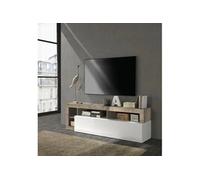 Meuble TV 1 porte - Finition Blanc Laqué et Effet Bois Vintage - L 184 x P 42 x H 56 cm - MAESTRO