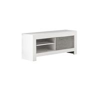 DENAE - Meuble TV 1 Porte L112cm Laqué Blanc Brillant et Gris Marbré -