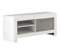 DENAE - Meuble TV 1 Porte L112cm Laqué Blanc Brillant et Gris Marbré -