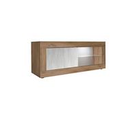 Meuble TV 1 portes 2 niches aspect bois finition Mercure façades blanc texturées avec Leds - OTELLO -