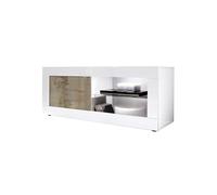 OTELLO - Meuble TV 1 Portes 2 Niches Blanc Laqué et Aspect Bois Antik avec Leds - Altobuy Marron