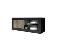 OTELLO - Meuble TV 1 Portes 2 Niches Noir Mat et Aspect Bois Antik avec Leds - Altobuy Noir G