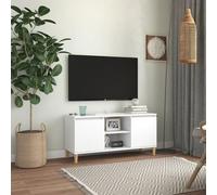 Meuble TV 103,5 x 35 x 50 cm, pieds en bois massif blanc, 2 étagères, buffet scandinave
