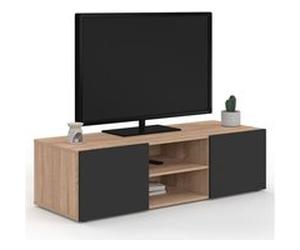 Meuble TV 113 cm ELI bois façon hêtre portes noires Multicolore G