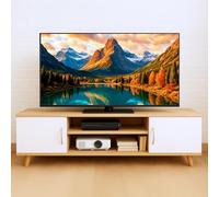 Meuble TV 120 cm pour salon moderne, couleur chêne et blanc, table TV jusqu'à 55 pouces avec rangement, étagère et deux portes, meuble bas blanc robuste et élégant, pieds en bois massif