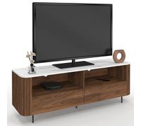 Meuble TV 140 cm MARLA noyer effet lattes 2 tiroirs et plateau marbre blanc ALASKA