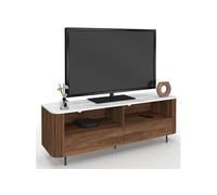 Meuble TV 140 cm MARLA noyer effet lattes 2 tiroirs et plateau marbre blanc ALASKA