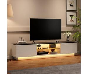 Meuble TV 160 cm avec LED réglable et espace de rangement ouvert, meuble TV avec 2 tiroirs et étagère en verre réglable, meuble TV pour salon, chambre à coucher, blanc