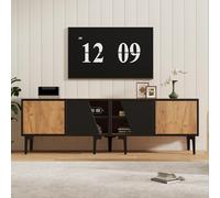 Meuble TV 160 cm en bois et noir avec 4 portes, portes centrales biseautées et 7 pieds de support Convient pour TV 65 pouces Banc TV pour salon