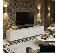Meuble TV 170 x 38 x 44 cm - avec 4 Portes Push-to-Open - Design Arche Dorée - Style Art Déco - Blanc