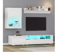 Meuble TV -175x39x34cm Ensemble mural avec Vitrine (ensemble complet, 3 pièces) - MUR multimédia incl.Planche - blanc