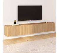 Meuble TV 180 cm suspendu JULIETTE lattes tasseau bois coloris chêne