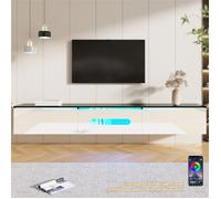Meuble TV 180 cm Suspendu ou à Poser avec LED Contrôle par App Meuble Télé Noir et Blanc Brillant Moderne avec Rangement 3 Portes
