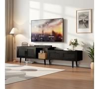 Meuble TV 180, Longueur Réglable, Banc TV Effet Rotin Cannage pour TV Jusqu'à 75 Pouces, Buffet TV avec 2 Tiroirs et 2 Portes, Style Bohème Scandinave, Pieds en Bois, pour Salon (Noir, 180x29,8x44)