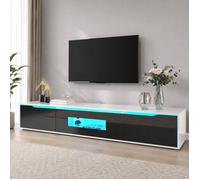 Meuble TV 180x30x35 cm, COZHYESS Banc TV LED Salon, Portes Rainurées, Éclairage 16 Couleurs, 4 Modes, Fixation Murale -Noir et Blanc