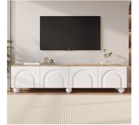 Meuble TV 180x40x45 cm, 4 compartiments fermés, 6 pieds métal boule, lowboard blanc/bois, pour écran 80 pouces, salon ou séjour.